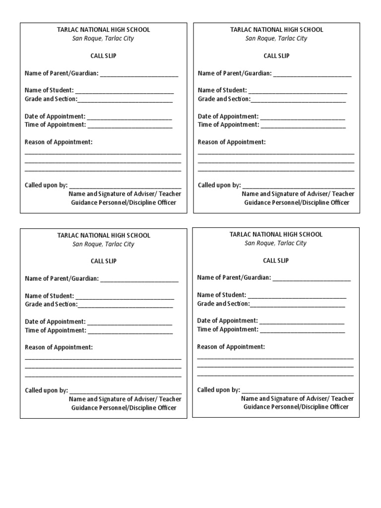 Call Slip Form | PDF | Behavior Modification | Teaching