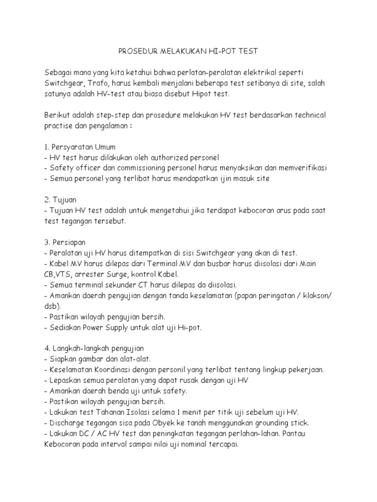 Prosedur Hi-Pot Test untuk Peralatan Elektrikal | PDF | Sains ...