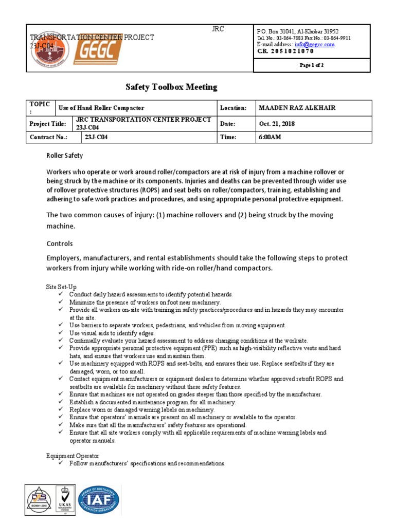 Hand Roller Compactor Safety Guidelines | PDF | Seat Belt | Personal ...