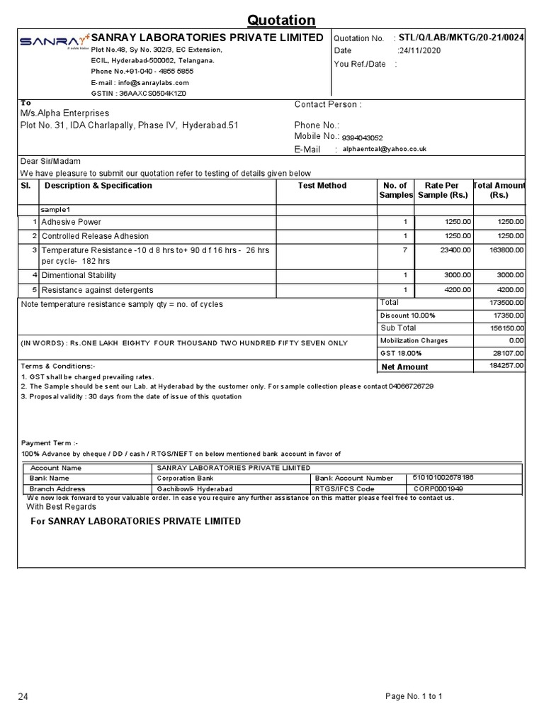 Quotation for Testing Services | PDF | Payments | Banking