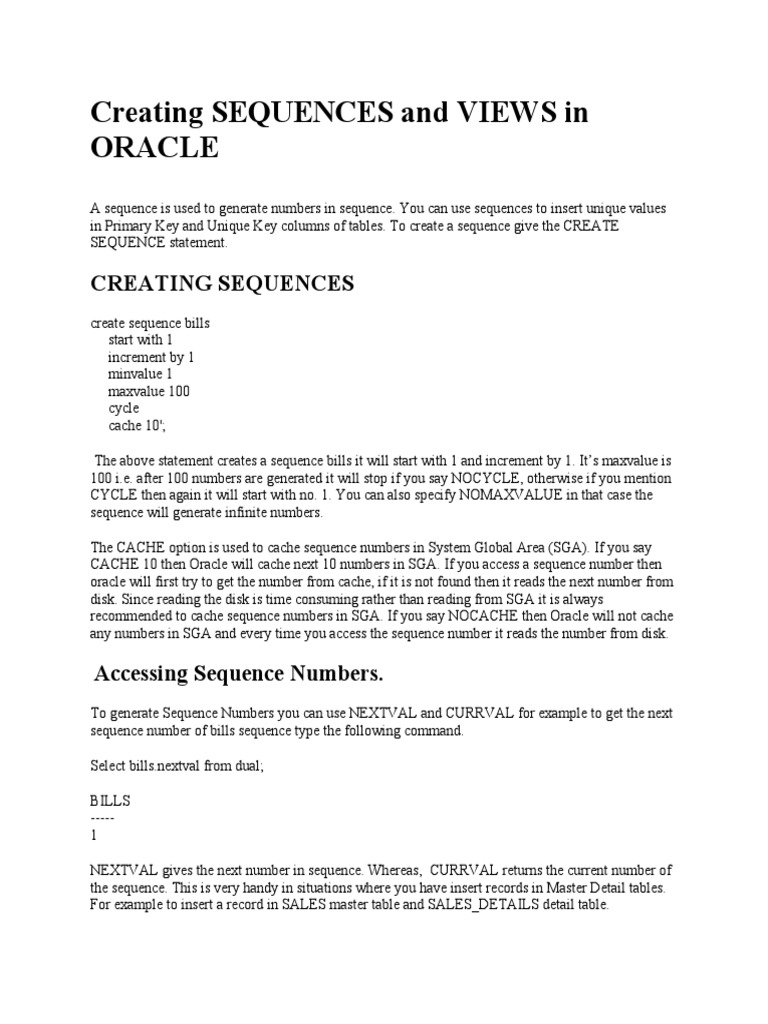 Chapter 7 Creating SEQUENCES and VIEWS in ORACLE | PDF | Table (Database) |  Information Management