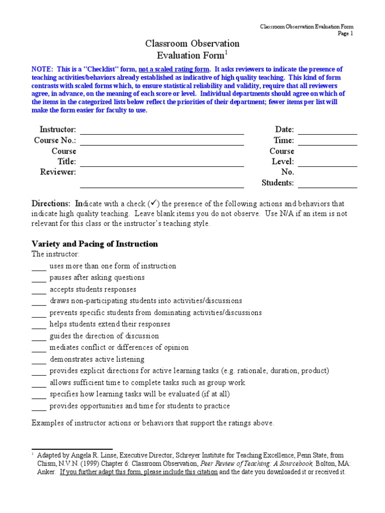 Classroom Observation Evaluation Checklist | PDF | Reinforcement ...