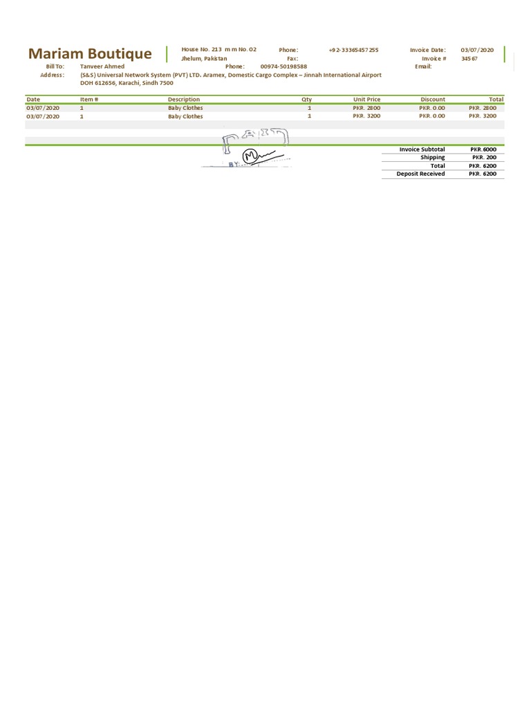 Mariam Boutique: Invoice Subtotal Shipping Total Deposit Received | PDF