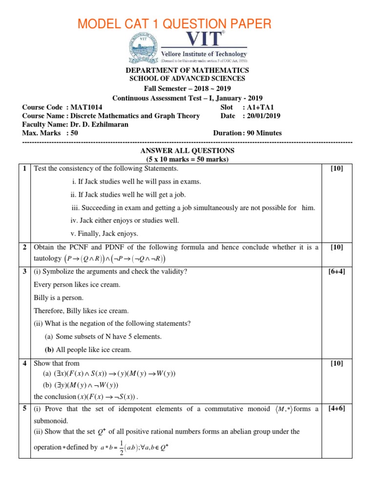 Model Cat 1 Question Paper: School of Advanced Sciences | PDF | Group ...