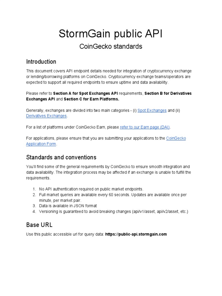 Stormgain Public Api: Coingecko Standards | PDF | Futures Contract | Bitcoin