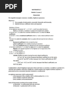 Mathematics 7 Module 1 Lesson 2 Polynomials Pre-Requisite Concepts: Constants, Variables, Algebraic Expressions