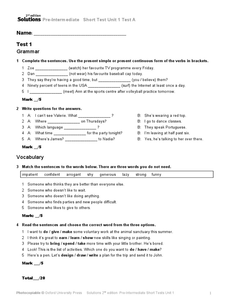 Solutions2e Short Tests Un01 A | PDF