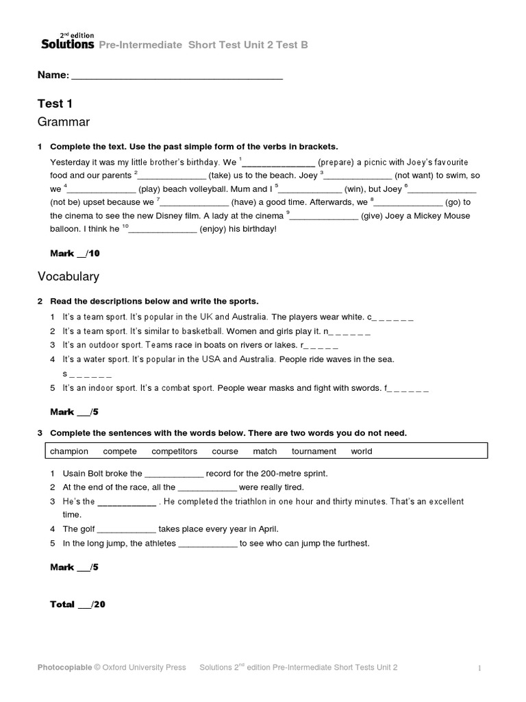 Solutions2e - Short Tests - Un02 - B | PDF | Swimming | Sports