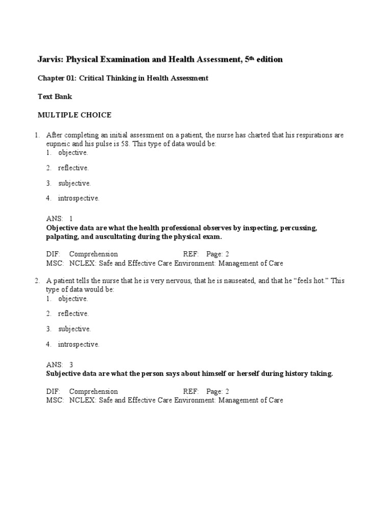 Jarvis Physical Examination Health Assessment Chap 01 National Council Licensure Examination Medical Diagnosis