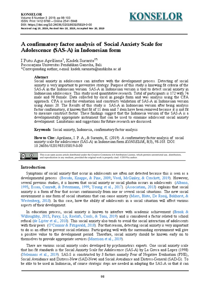 A Confirmatory Factor Analysis of Social Anxiety Scale For Adolescence ...