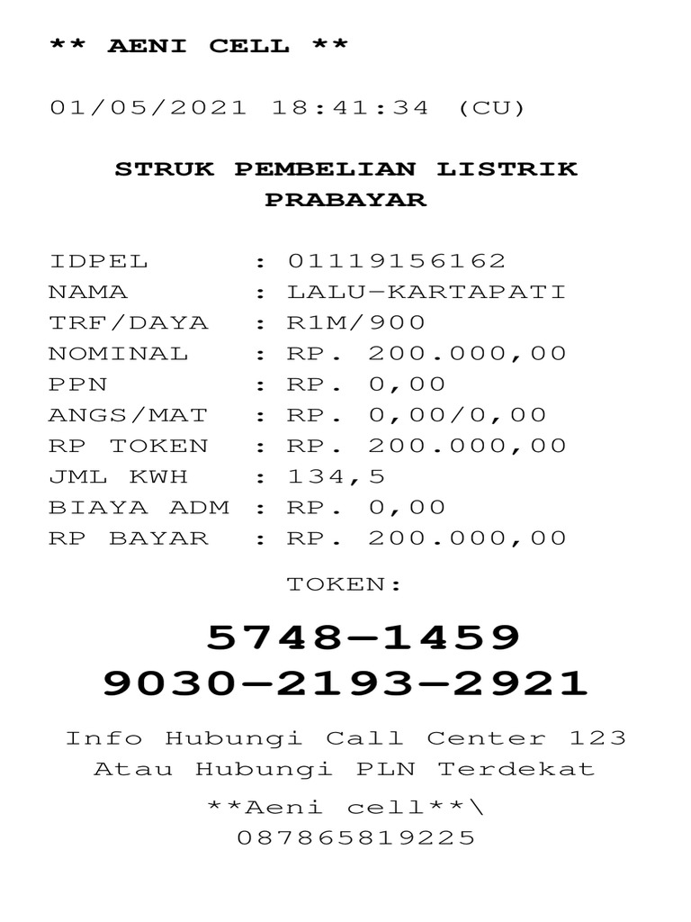 Contoh Struk Token Listrik | PDF