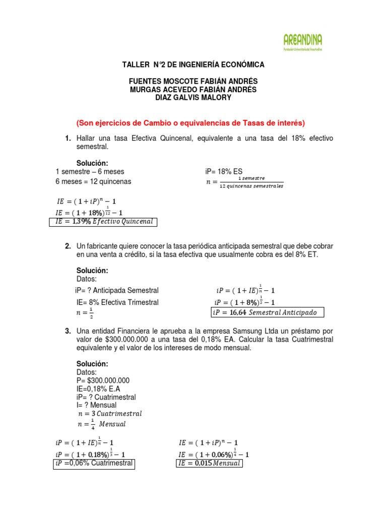 Ejercicios de Tasas de Interés en Ingeniería Económica | PDF | Interés ...