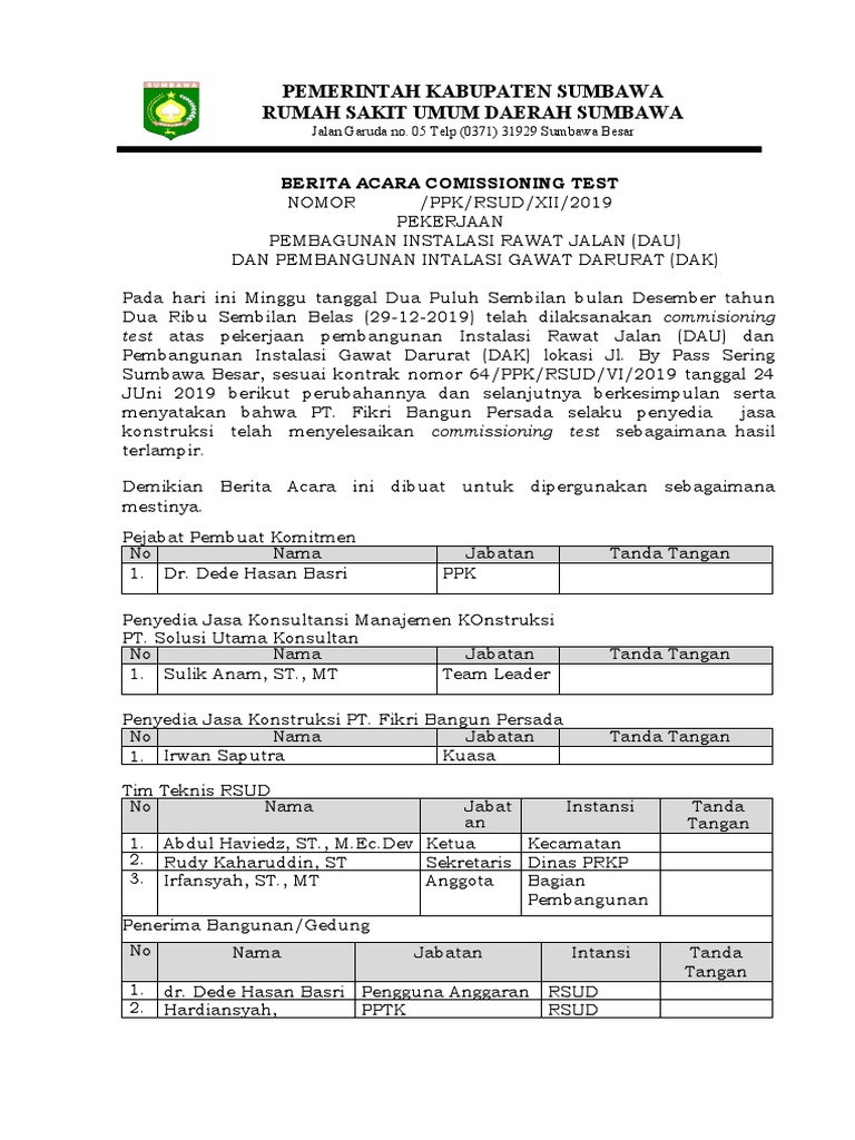 Berita Acara Test Commissioning RSUD | PDF