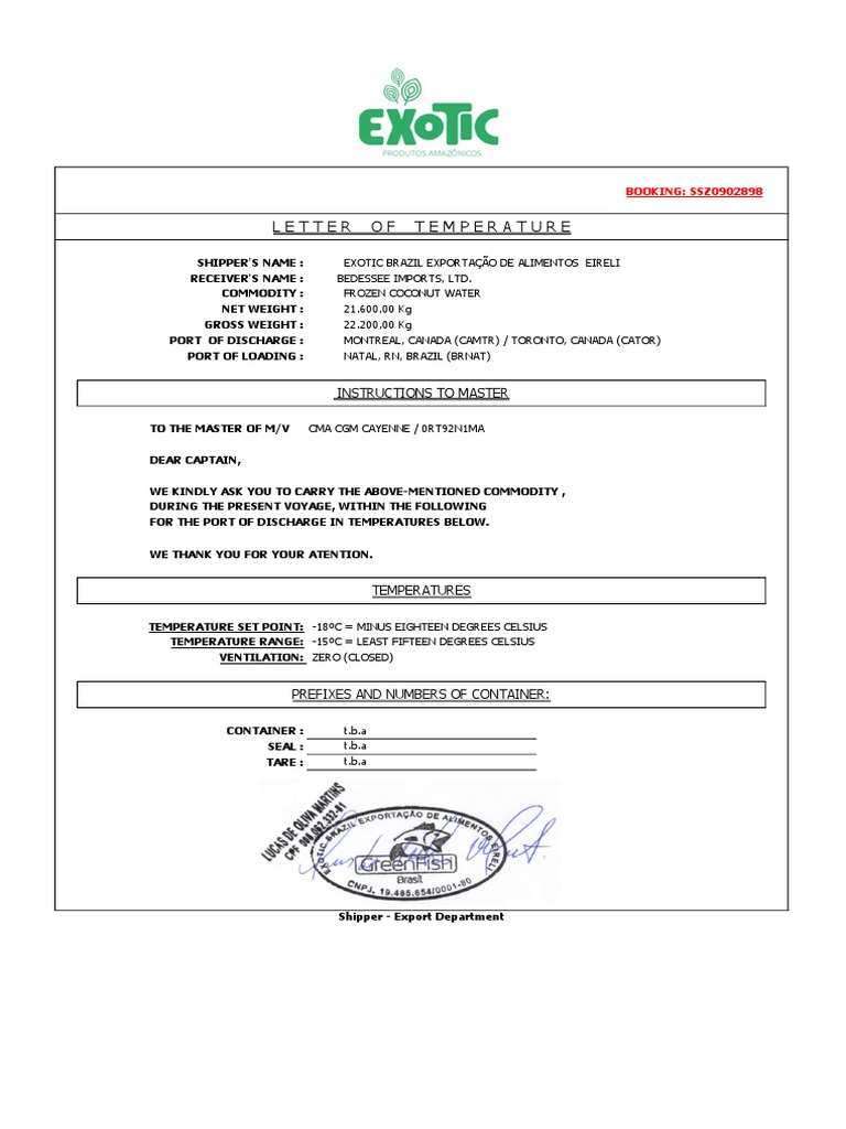 Letter of Temperature - Booking SSZ0902898 | PDF