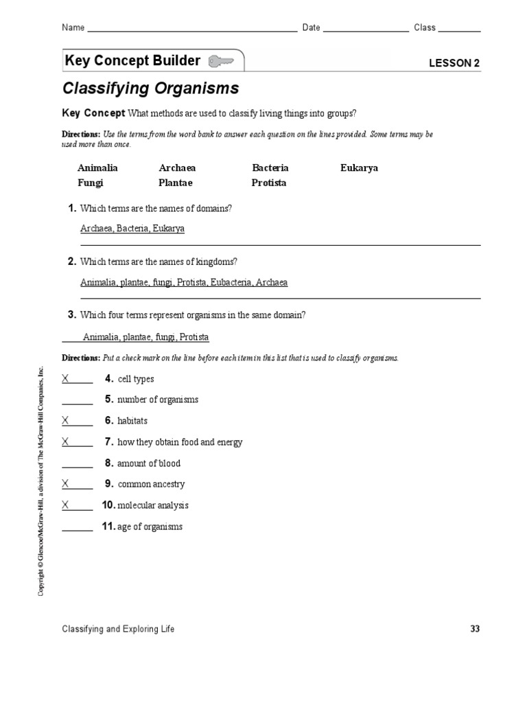 Ch.1 Lesson 2 Key Concept Builder WITH ANSWERS PDF Taxa Organisms