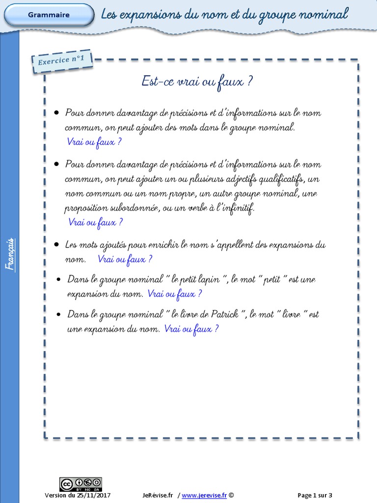 Exercice Groupe Nominal Cm1 Avec Corrigé Exercices Enrichir Nom Expansion | PDF | Clause | Mécanique du langage
