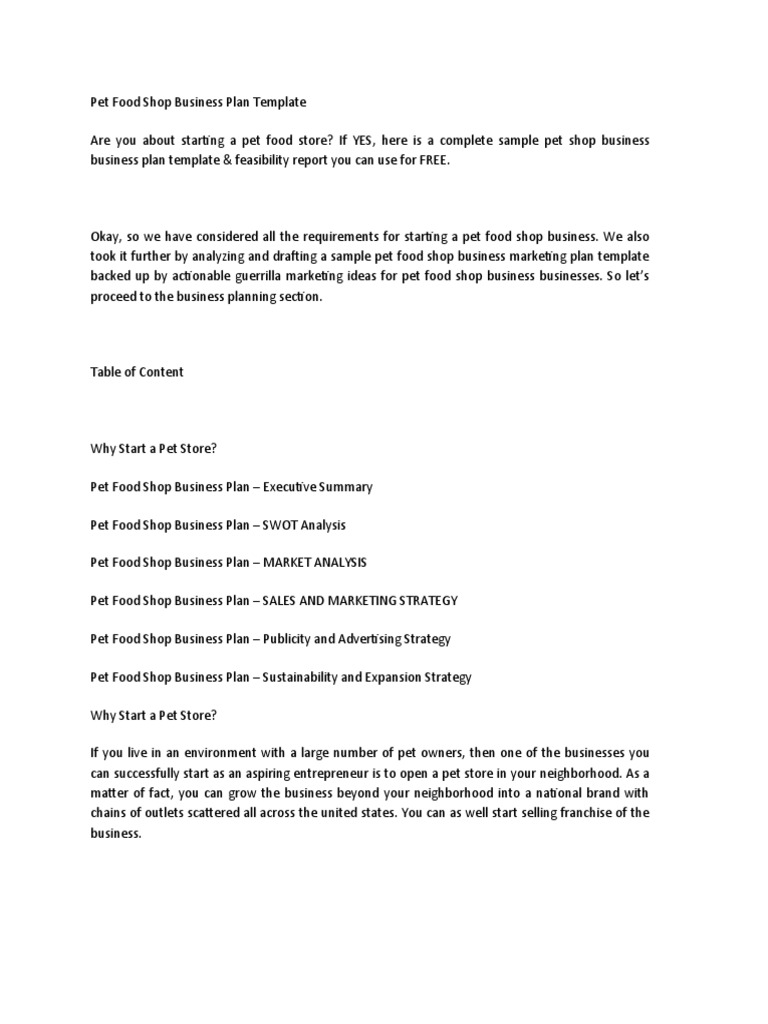 Pet Food Shop Business Plan Template PDF Retail Pet