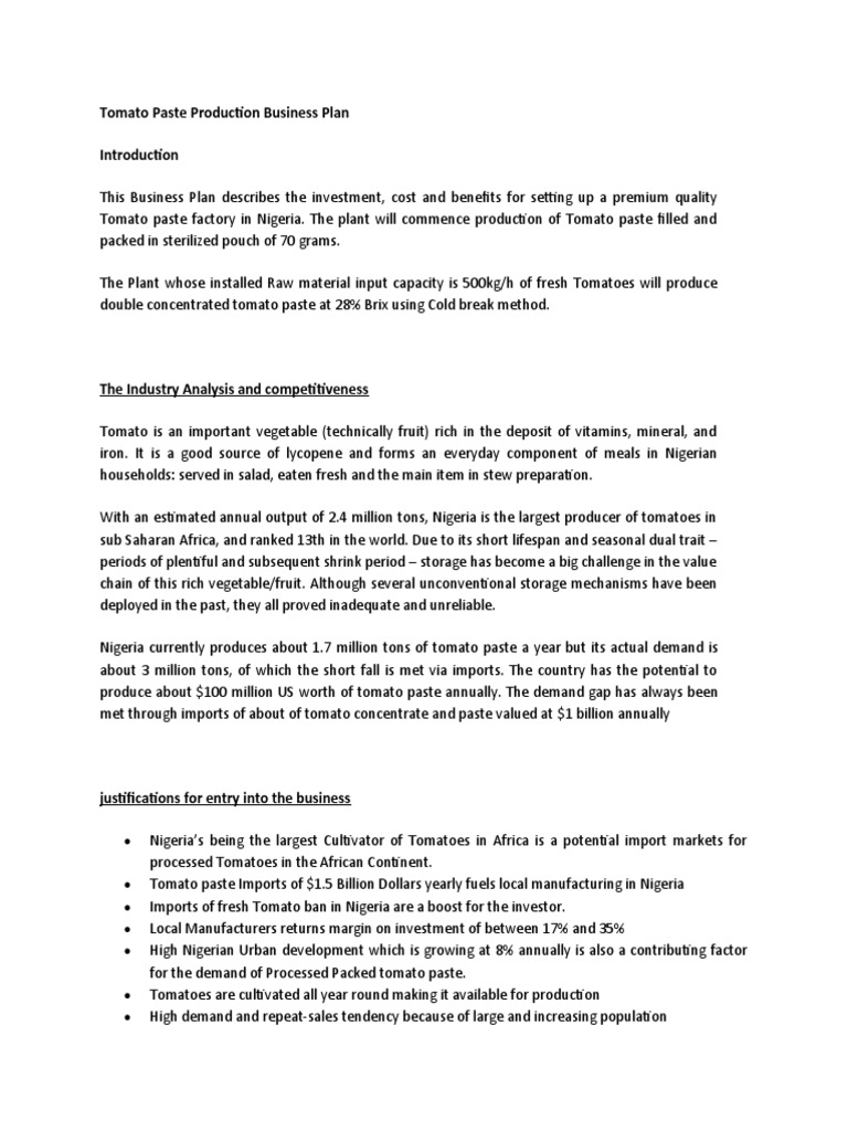 Tomato Paste Production Business Plan PDF Tomato Vegetables