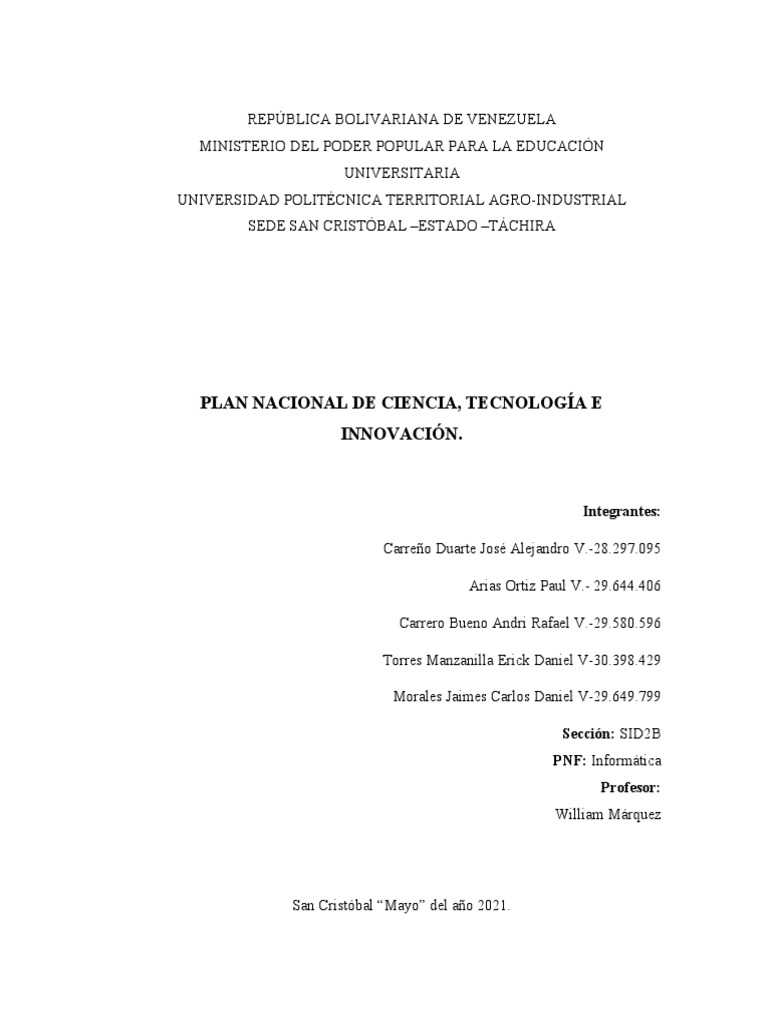Plan Nacional de Ciencia y Tecnología 2030 | PDF | Venezuela | Innovación