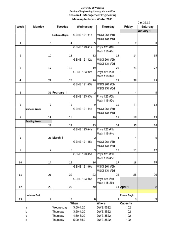 MGTE Waterloo Winter 2011 Schedule | PDF | Sports