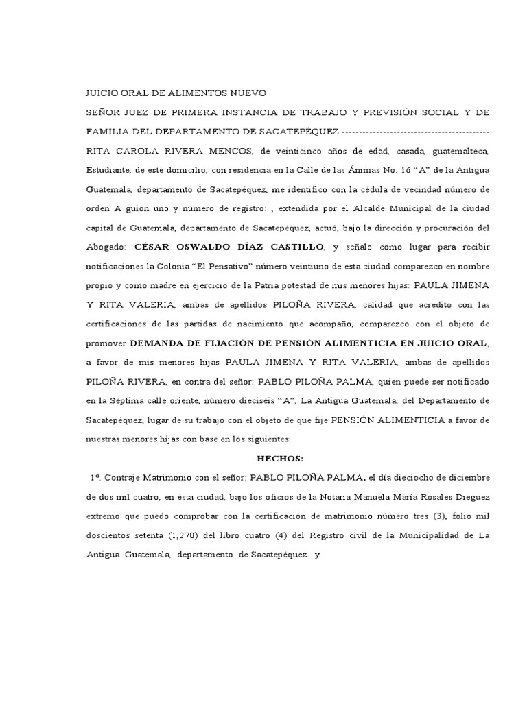 Juicio Oral de Alimentos | PDF | Pensión alimenticia | Demanda judicial
