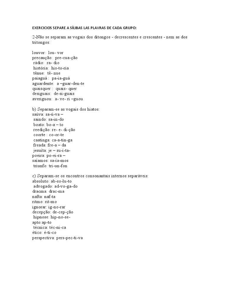 Exercícios de Separação Silábica | PDF | Fonologia | Voz humana