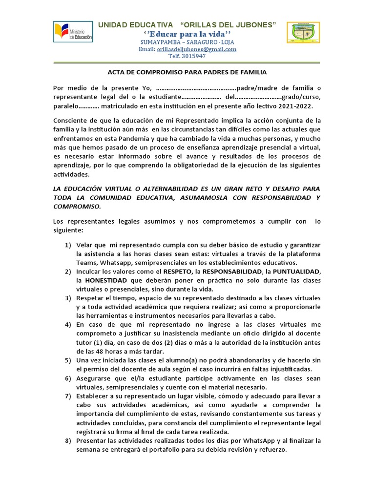 ACTA DE COMPROMISO Padres de Familia 2021-2022 | PDF | La naturaleza ...