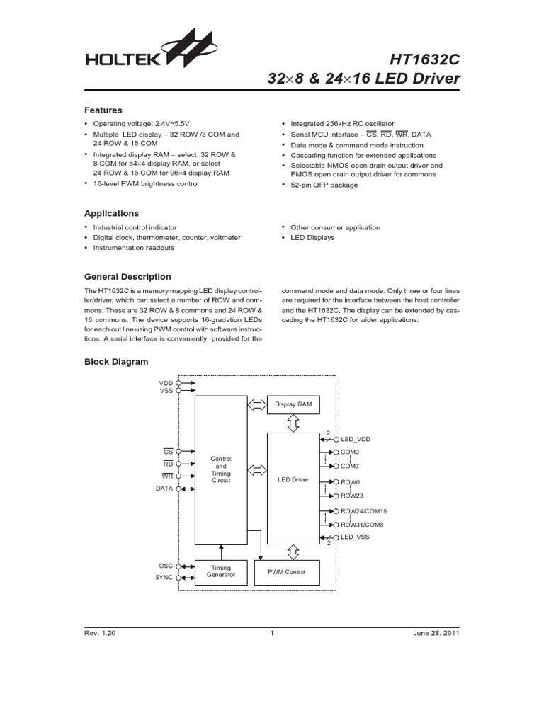 HT1632C 32 8 & 24 16 LED Driver: Features | PDF | Electronic Circuits ...