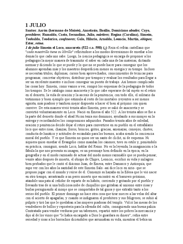 Santoral Mes Julio Pdf Sacerdote Pablo El Apóstol