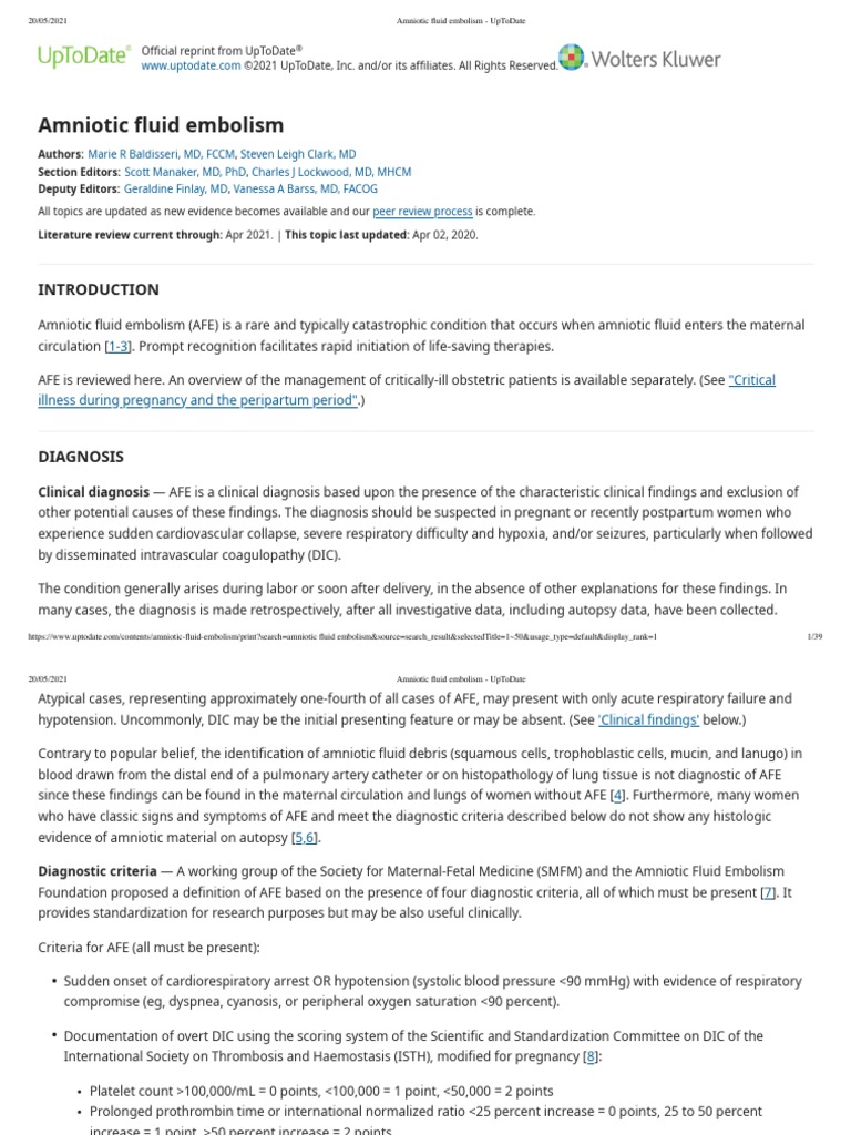 Amniotic Fluid Embolism - UpToDate | PDF | Shock (Circulatory ...