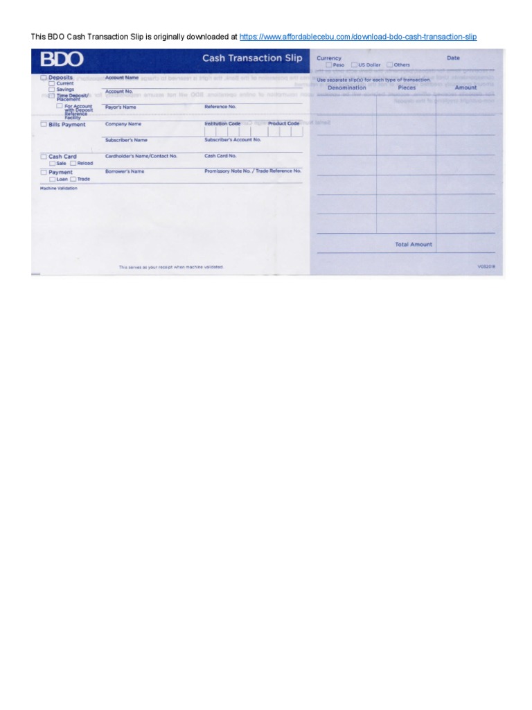 BDO Cash Transaction Slip | PDF