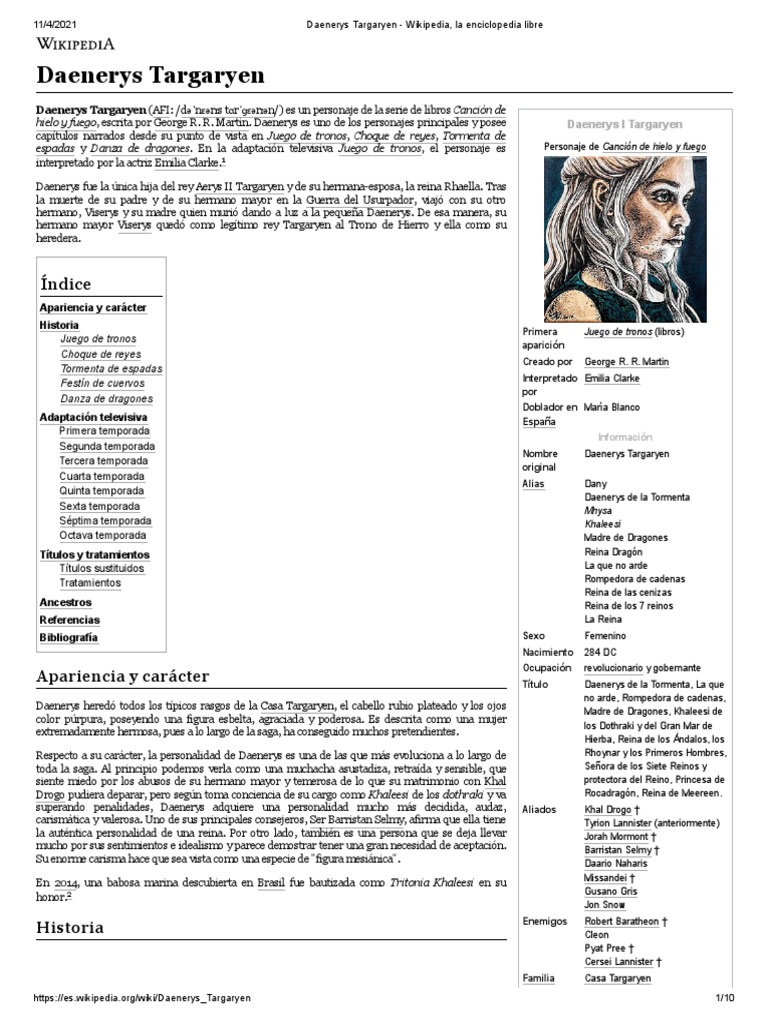 Daenerys Targaryen - Wikipedia, La Enciclopedia Libre | PDF | Una canción  de hielo y fuego | Trabajos