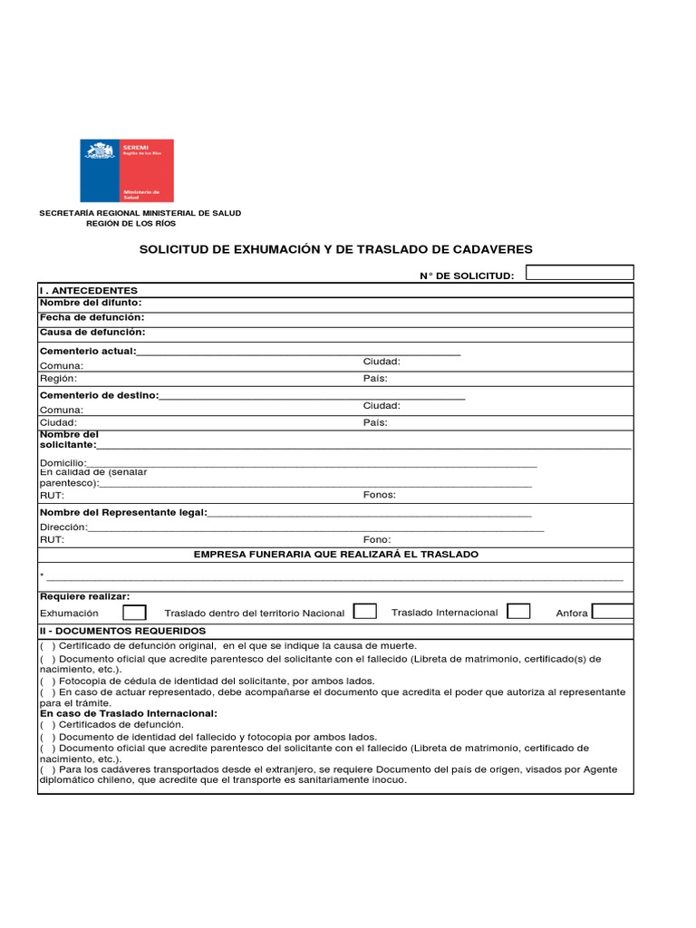 Solicitud Exhumacion Y O Traslado De Cadaver Funeral Muerte