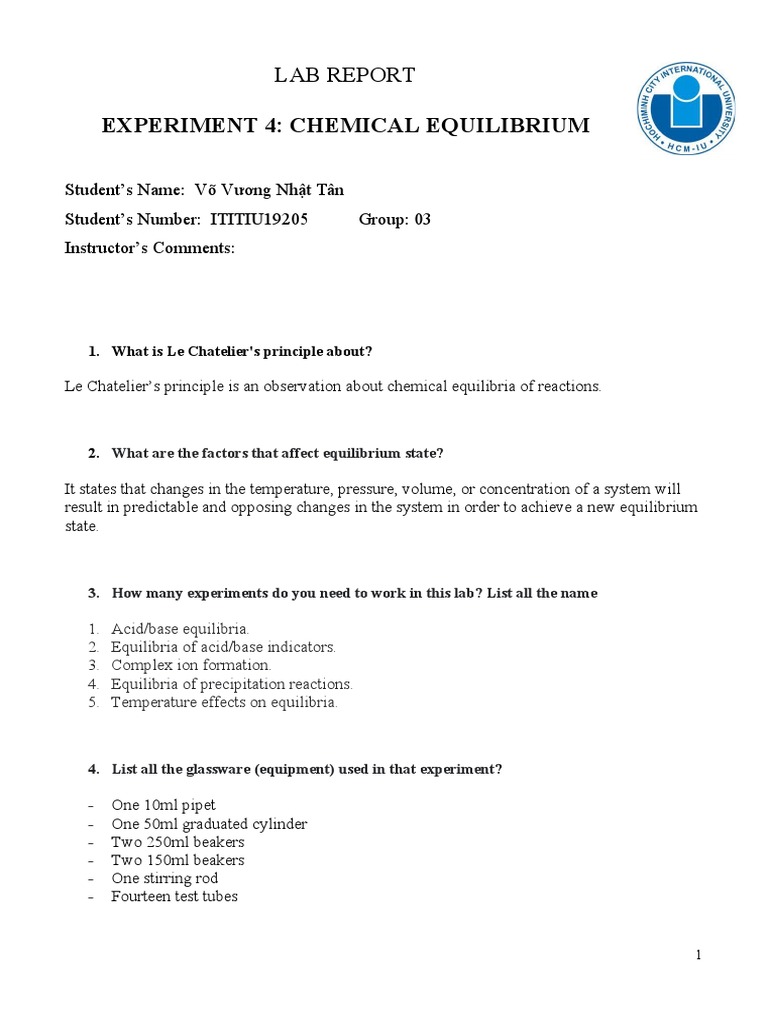 Experiment 4 Chemical Equilibrium Lab Report PDF Chemical
