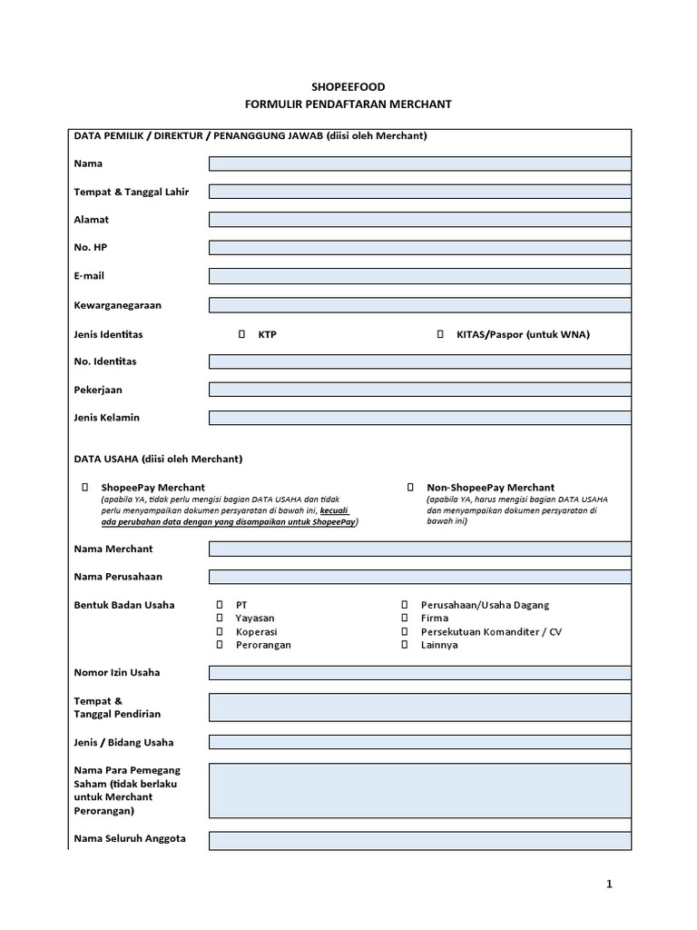 ShopeeFood - Merchant Registration Form - 27112020 | PDF