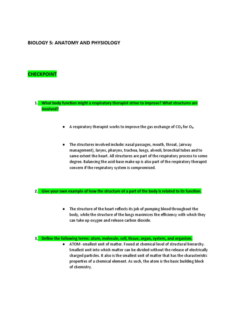 Anatomy & Physiology Checkpoint | PDF | Human Body | Respiratory Tract