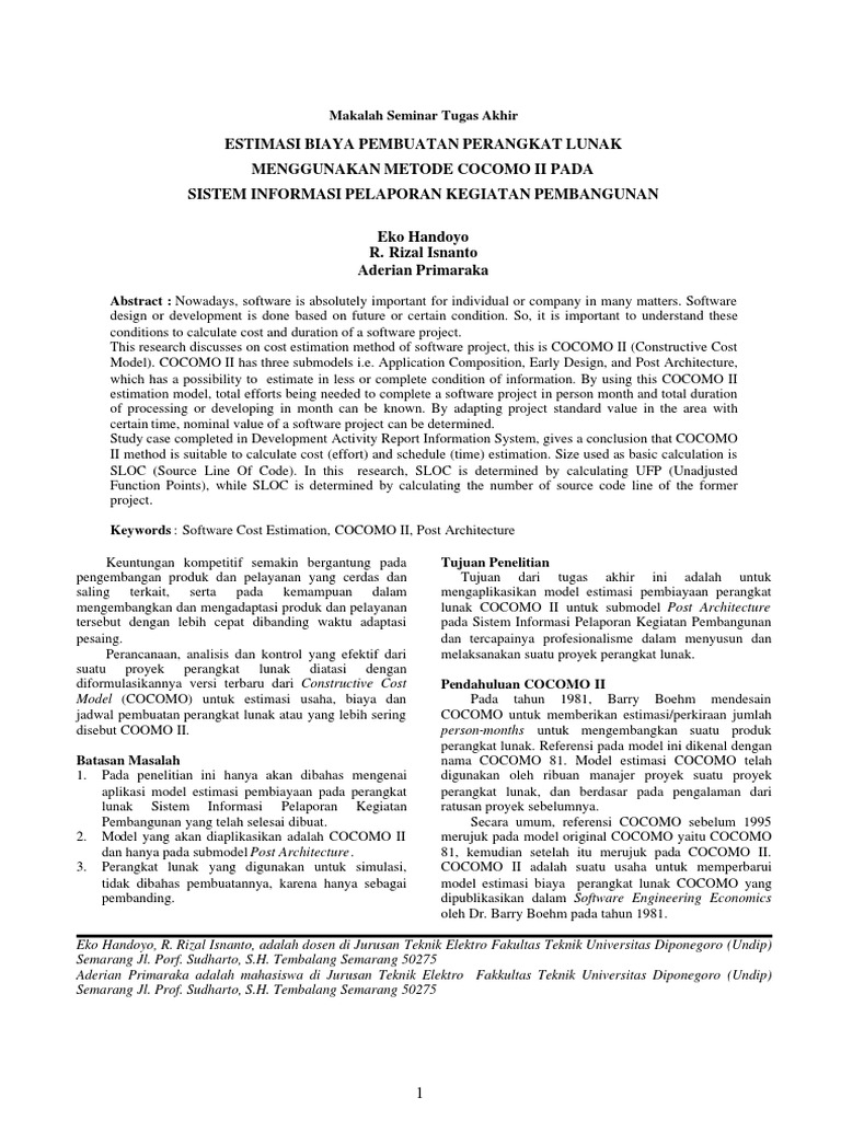 Estimasi Biaya Pembuatan Perangkat Lunak Menggunakan Metode Cocomo Ii