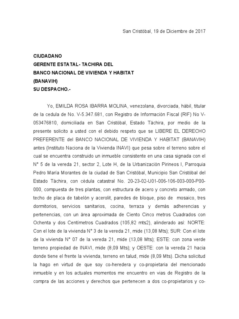 Carta Banavih Liberacion de Derecho Preferente | PDF