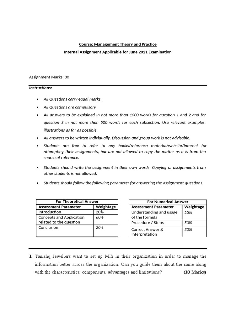 Course: Management Theory and Practice Internal Assignment Applicable ...