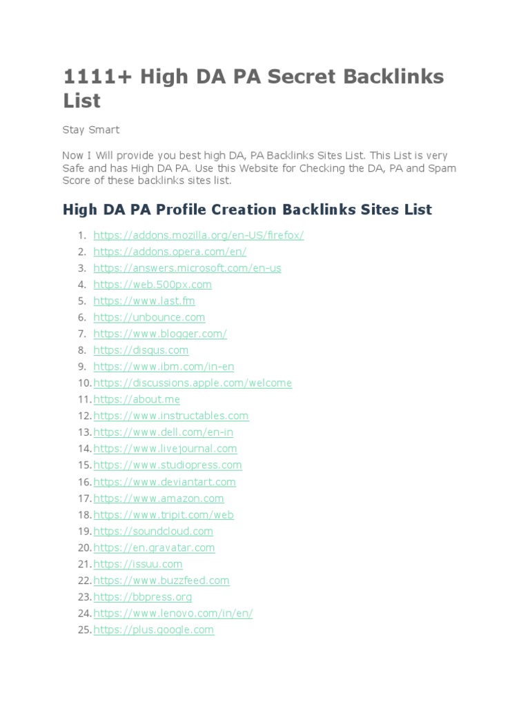 High DA PA Backlinks List | PDF | Cyberspace | Social Information ...