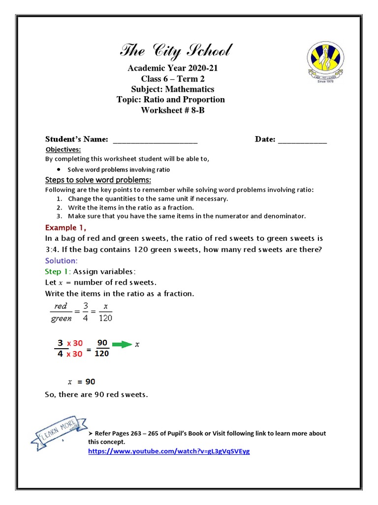 Ratio and Proportion Worksheet for Class 6 | PDF