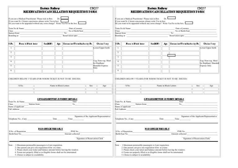 Eastern Railway Ticket Reservation Form | PDF | Ticket (Admission ...