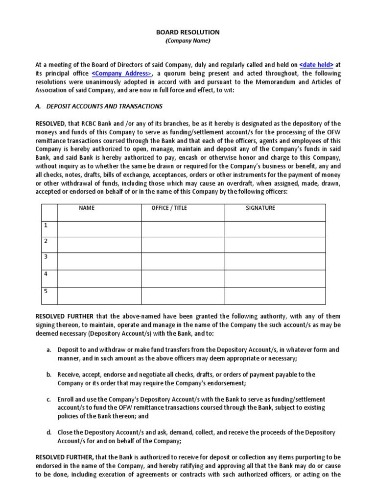 Board Resolution for Bank Account Opening | PDF | Cheque | Banks