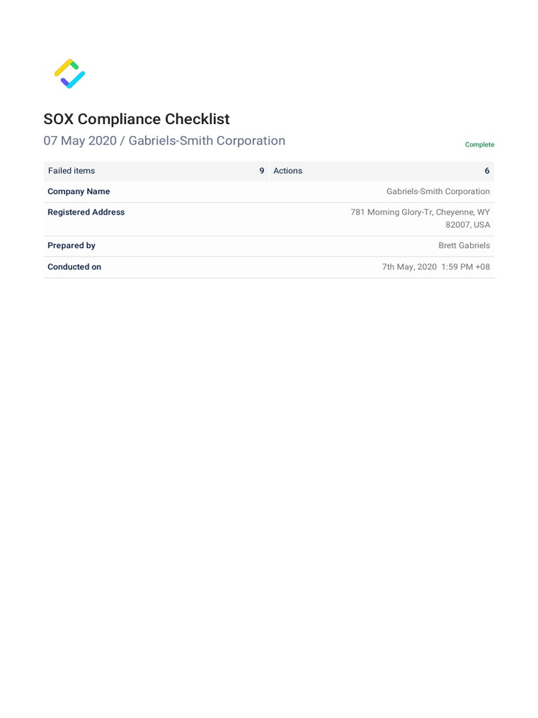 Sox Compliance Checklist Sample Audit Report PDF Audit Accounting