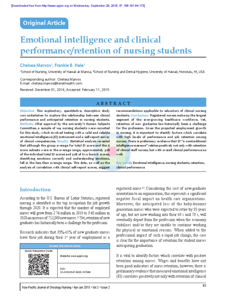 Emotional Intelligence and Clinical Performance/retention of Nursing ...