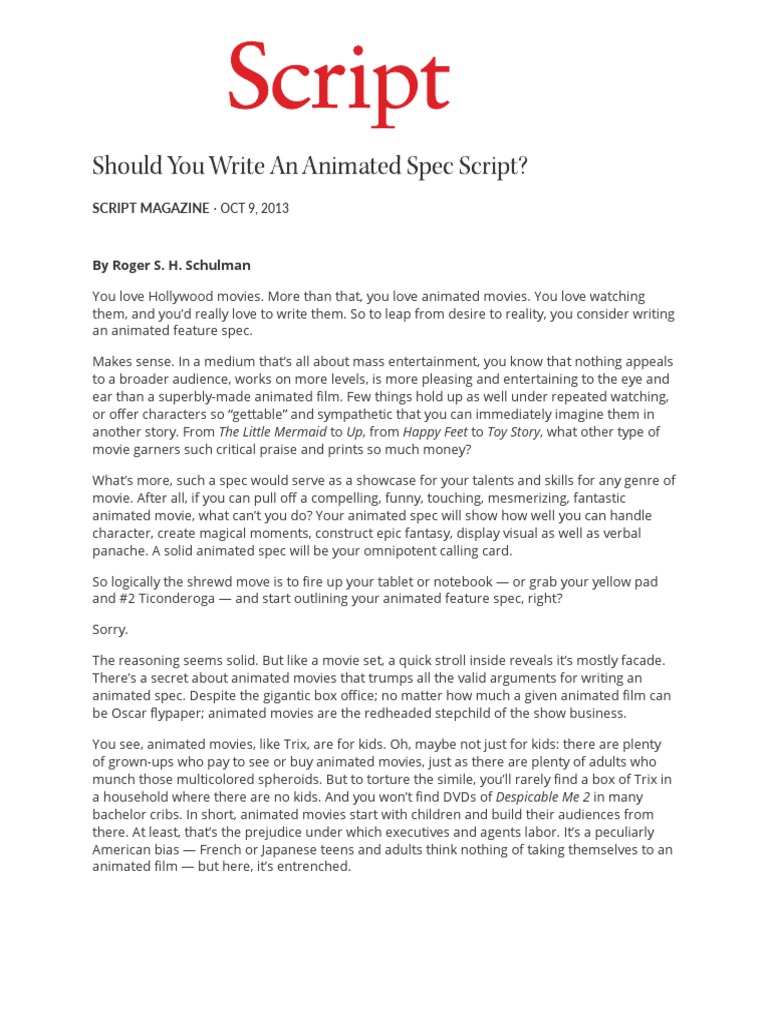 Should You Write An Animated Spec Script - Script Magazine | PDF ...
