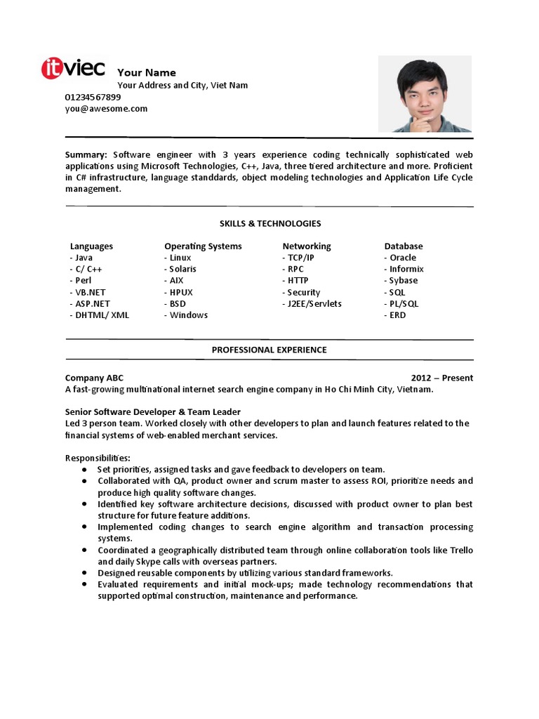 Your Name: Summary: Software Engineer With 3 Years Experience Coding