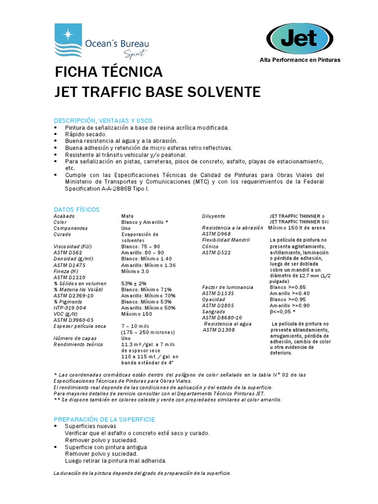 Diseño gráfico de una Ficha Técnica de Pintura Verde Tráfico Jet, destacando los sólidos, secado rápido y viscosidad.