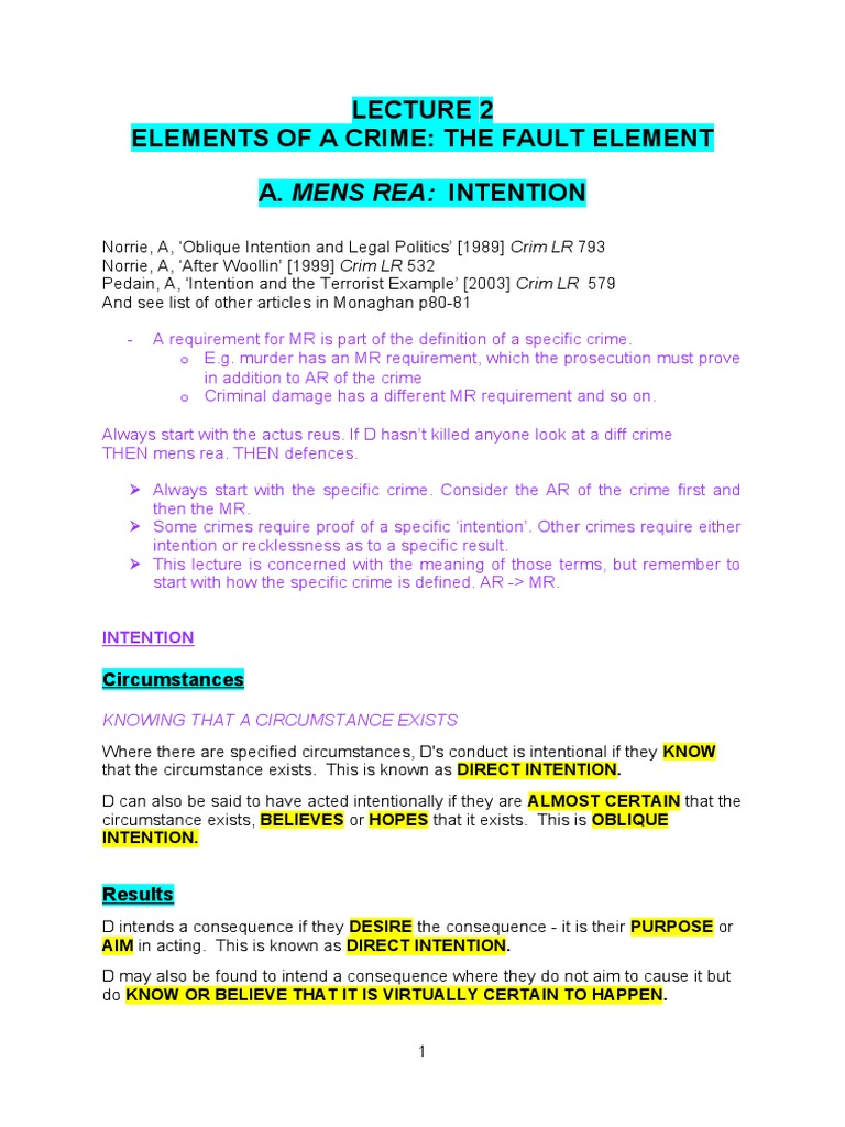 Lecture 2 Mens Rea The Fault Element Pdf Recklessness Law