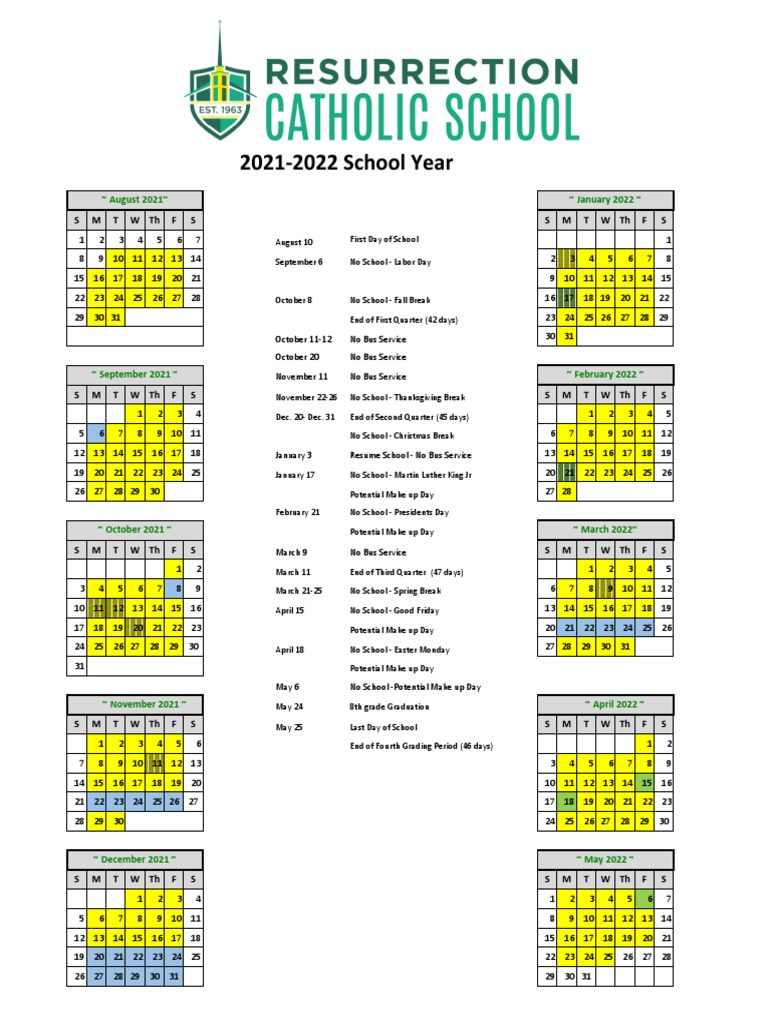 Resurrection K-8 School Calendar 2021-2022 | PDF | Holidays | Observances
